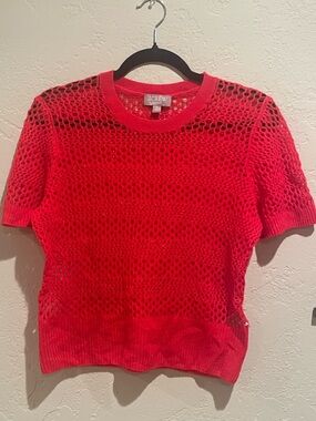 J. Crew Red Open-Knit Short Sleeve Cashmere Sweater.